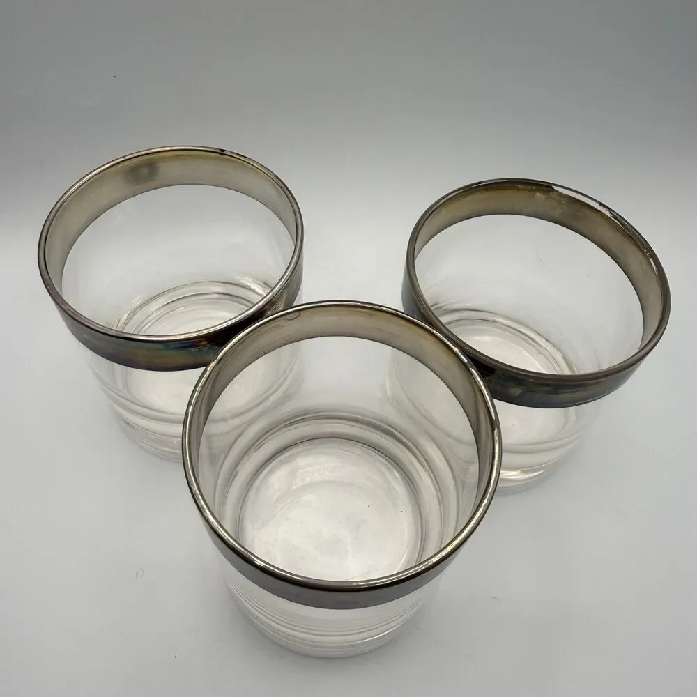 Set 3 Vintage Mid Century Silver Rim Rocks Glasses Whiskey Cocktail Thorpe Style